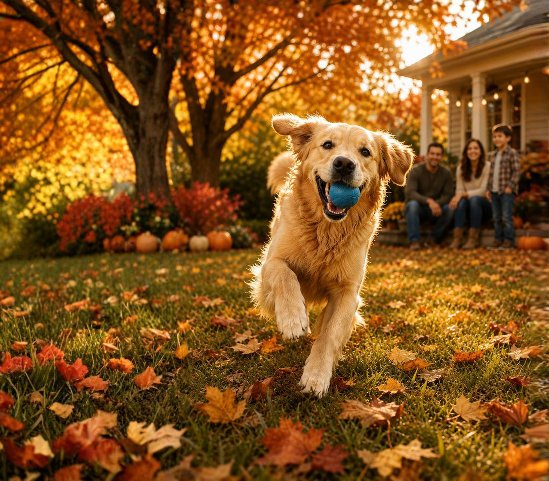 Golden retriever in an autumn yard