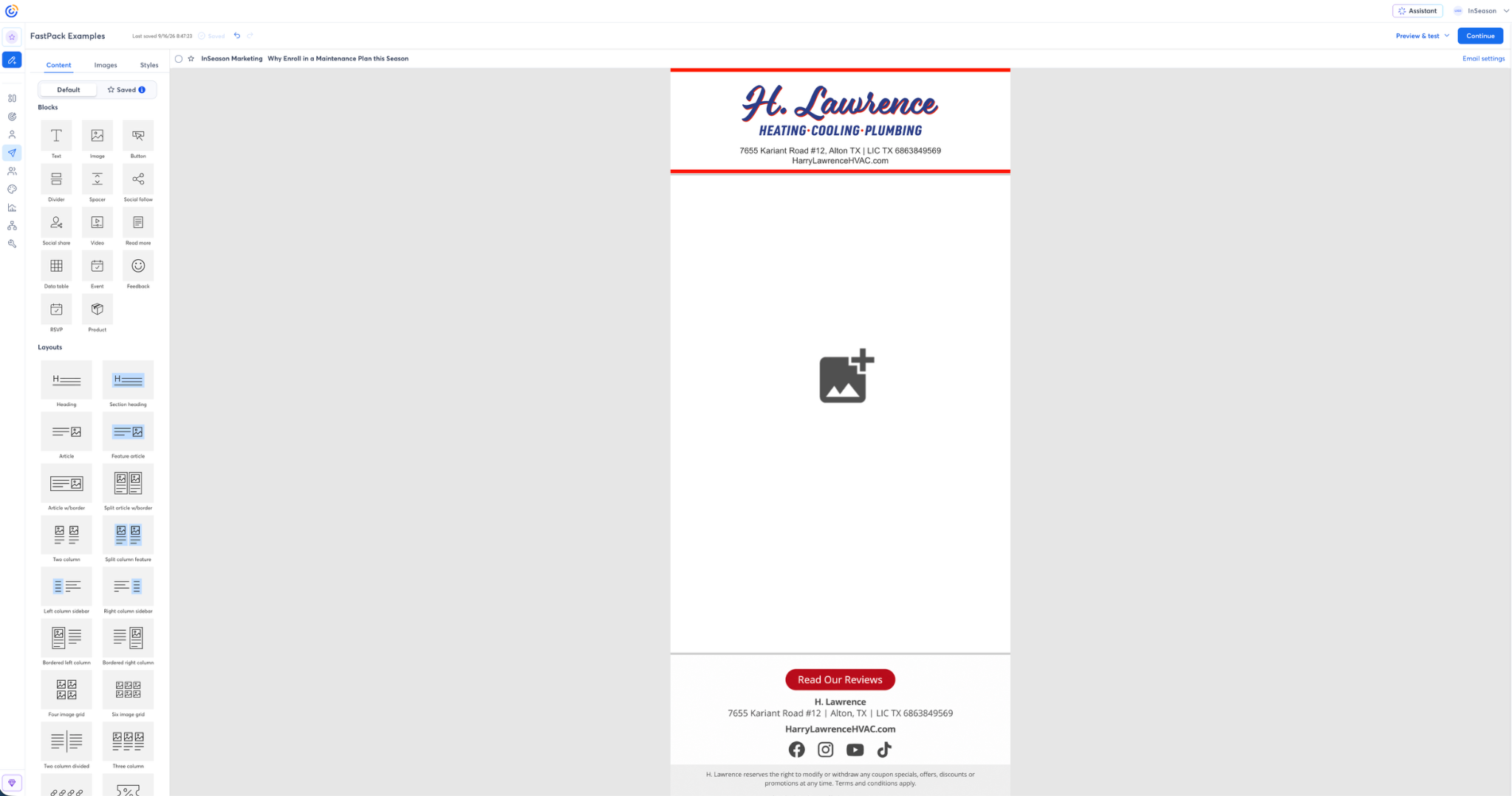 Constant Contact editor with H. Lawrence’s branded email header and footer