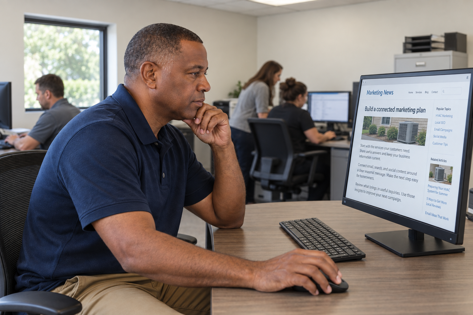 An HVAC business owner researching marketing at his desk, with three colleagues in the background