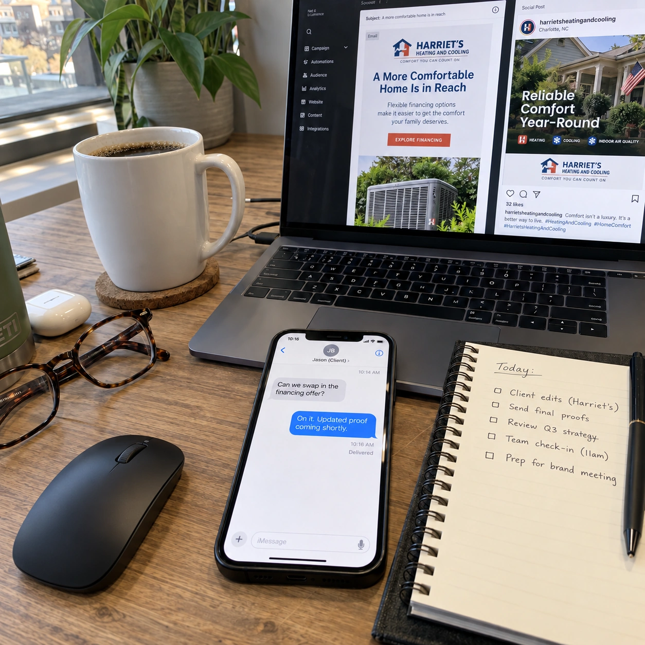 Marketing workspace with dealer campaign artwork and a client message